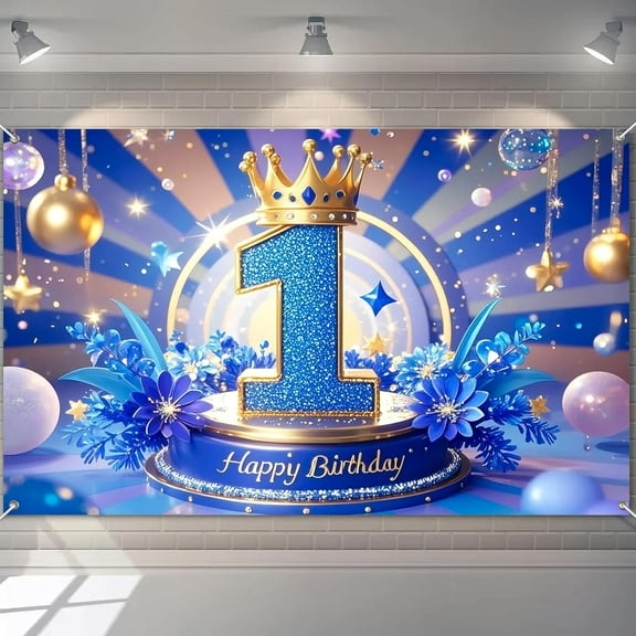 5.9x3.6FT Happy 1st Birthday Backdrop Blue Gold Prince First Birthday Photography Background Glitter Royal Crown Balloons Flowers One Birthday Party Decorations Banner Supplies Photo Booth Props