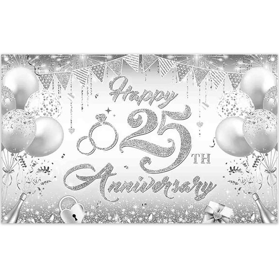 5.9x3.6FT Happy 25th Anniversary Backdrop Glitter Silver Ring Balloons Love Indoor Photography Background Wedding Party Decorations Photo Banner Props