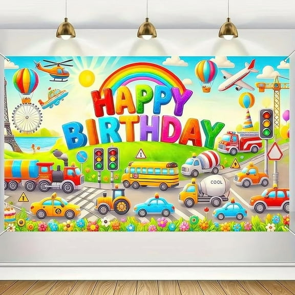 5.9x3.6FT Happy Birthday Backdrop Colorful Cartoon Cute Car Happy Birthday Photography Background for Boys Birthday Party Decorations Banner Supplies Photo Booth Props