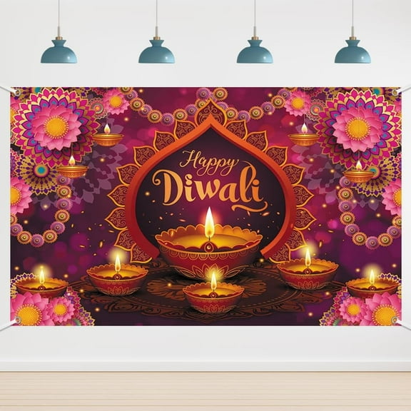 5.9x3.6FT Happy Diwali Backdrop Diwali Party Decorations Supplies Backdrop Rangoli Lantern Deepavali Indian Festival Party Banner Background Photo Studio Props