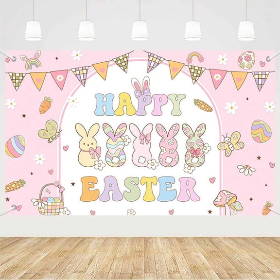5.9x3.6FT Happy Easter Backdrop Spring Bunny Hip Hop Colorful Rabbit Daisy Photography Background Easter Spring Retro Cartoon Butterfly Party Decorations Banner Photo Booth Props
