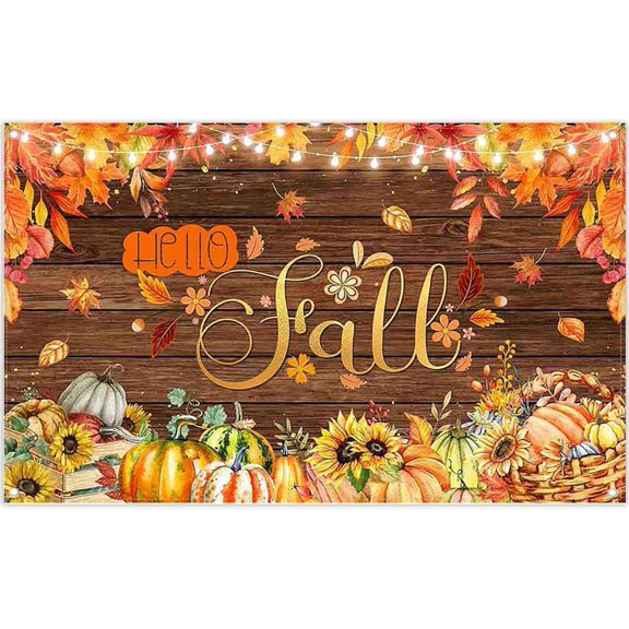 5.9x3.6FT Hello Fall Backdrop Wooden Board Pumpkin Harvest Sunflower Maple Leaves Photography Background Holiday Party Decorations Banner Supplies Photo Booth Props