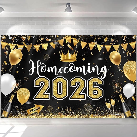 5.9x3.6FT Homecoming 2026 Backdrop Black and Gold Homecoming Background Gold White Balloons 2026 School Homecoming Party Decorations Banner Supplies Photo Booth Props