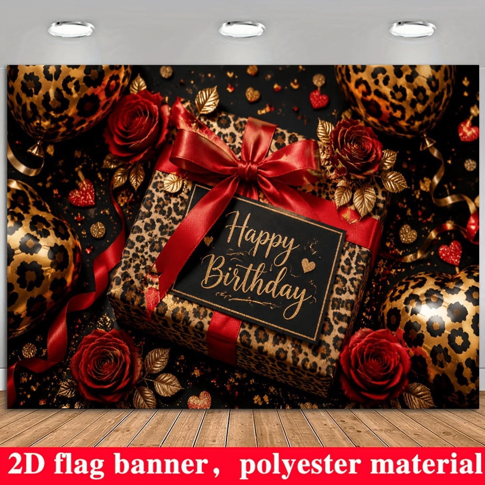 5.9x3.6FT Leopard Happy Birthday Backdrop Red Bow Rose Gold Leaves ...