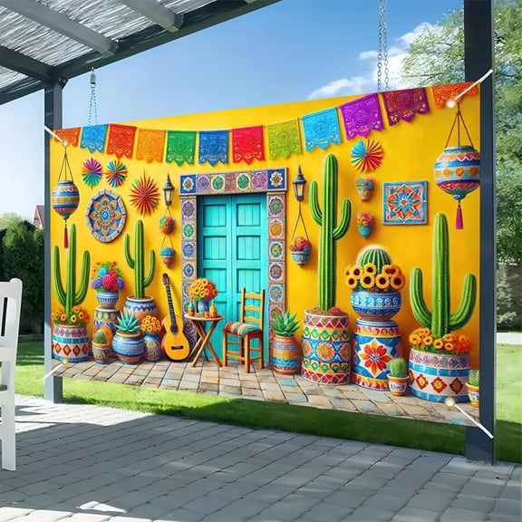 5.9x3.6FT Mexican Theme Birthday Backdrop Yellow Cabin House Party Decoraitons Mexican Festive Photography Background Indoor Outdoor Party Decorations Banner Supplies