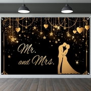 5.9x3.6FT Mr and Mrs Backdrop Gold Wedding Anniversary Photography Background Golden Glitter Heart Star Engagement Bridal Shower Party Decorations Banner Supplies Photo Booth Props