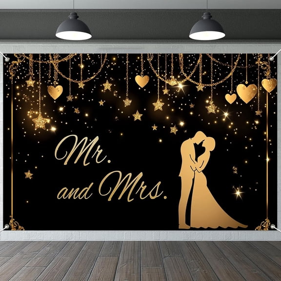 5.9x3.6FT Mr and Mrs Backdrop Gold Wedding Anniversary Photography Background Golden Glitter Heart Star Engagement Bridal Shower Party Decorations Banner Supplies Photo Booth Props