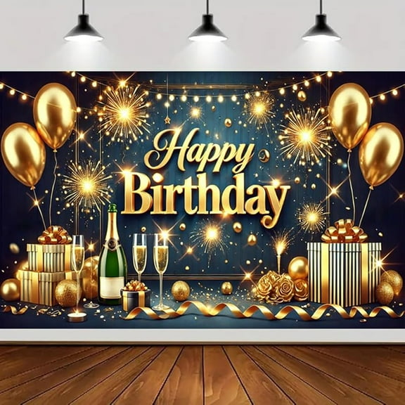 5.9x3.6FT Navy Blue and Gold Happy Birthday Background Gold Glitter Balloon Sign Banner Photography Background Suitable for Men and Women Party Decoration Supplies