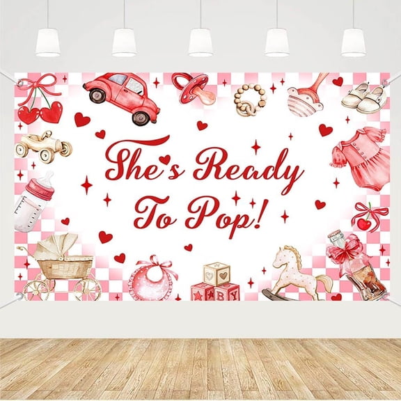 5.9x3.6FT She's Ready to Pop Baby Shower Backdrop Pink and Red Valentine's Day Photography Background Cherry Car Baby Cloth Baby Shower Party Decorations Banner Cake Smash Photo Booth Props