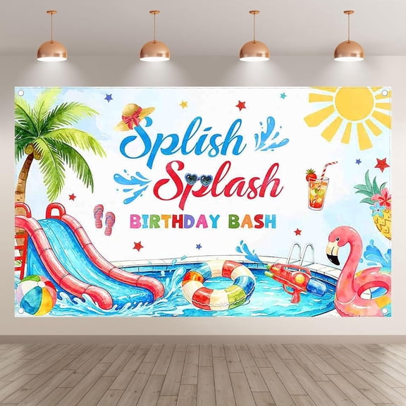 5.9x3.6FT Splish Splash Birthday Bash Backdrop Watercolor Summer Paddling Pool Birthday Background Luau Aloha Birthday Party Decorations Banner Supplies Photo Booth Props