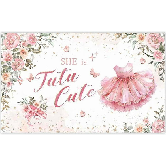 5.9x3.6FT Tutu Cute Backdrop 2nd Birthday Girls Pink Floral Ballet Skirt Golden Dots Photography Backdrop Kids Party Decorations Banner Photo Booth Props