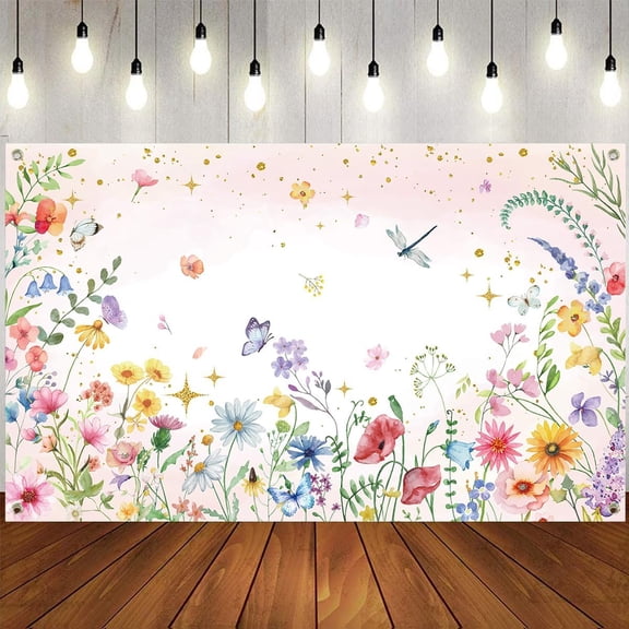 5.9x3.6FT Wildflower Birthday Backdrop Pink Watercolor Floral Butterfly Birthday Background Greenery Garden Wild Flower Spring Summer Wedding Party Decorations Banner Photo Booth Props