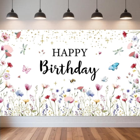5.9x3.6FT Wildflower Birthday Backdrop Watercolor Floral Butterfly Happy Birthday Background Girls Greenery Garden Wild Flower Birthday Party Decorations Banner Supplies Photo Booth Props