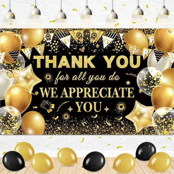5.9x3.6Ft We Appreciate You Thank You Decorations Banner Black Gold Thank You Banner Backdrop Employee Staff Appreciation Gifts for Pastor Teacher Doctor Retirement Party Decor