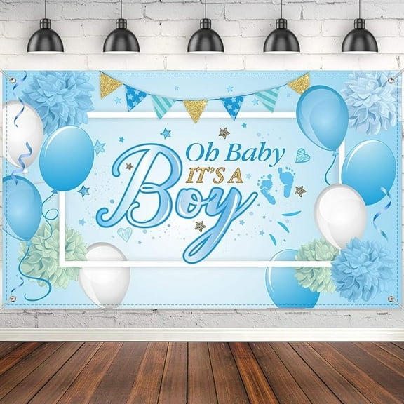 5.9x3.6Ft Blue Baby Shower Party Backdrop Decorations Oh Baby It's a Boy Baby Shower Banner Backdrop Photo Booth Background for Boy's Party Supplies