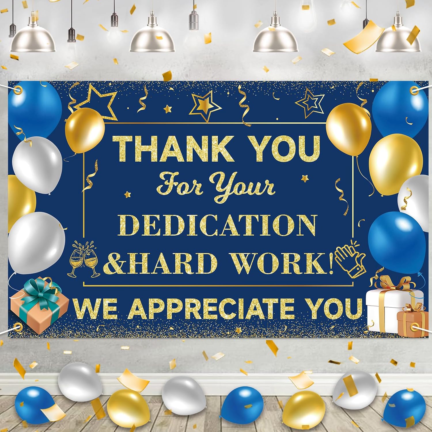 5.9x3.6Ft Blue Gold We Appreciate You Backdrop Thank You Banner Thank ...