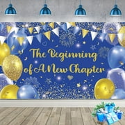 5.9x3.6Ft Blue Gold The Beginning of A New Chapter Backdrop Banner Photography Background Hanging for Graduation Party Decorations Class of Happy Retirement Going Away Party Supplies