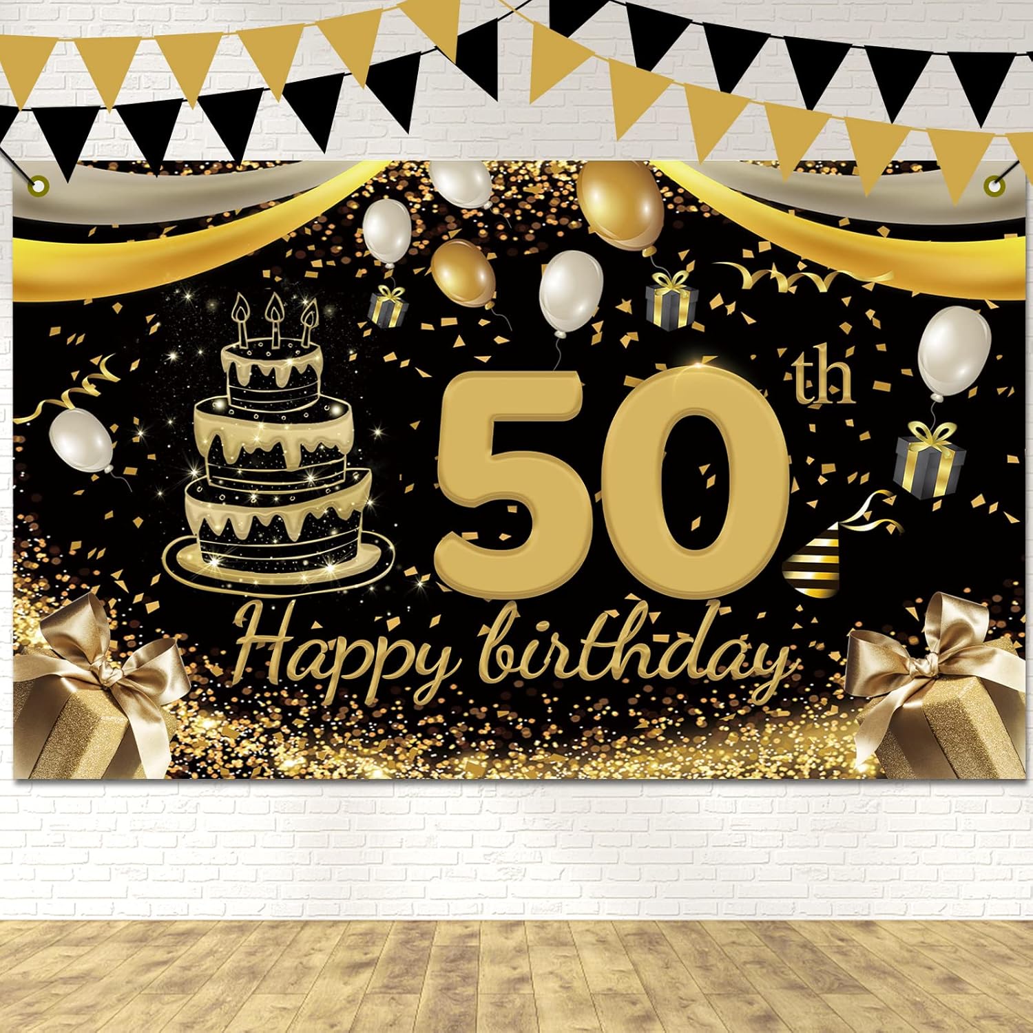 5.9x3.6Ft Happy 50th Birthday Backdrop Black and Gold 50th Birthday ...