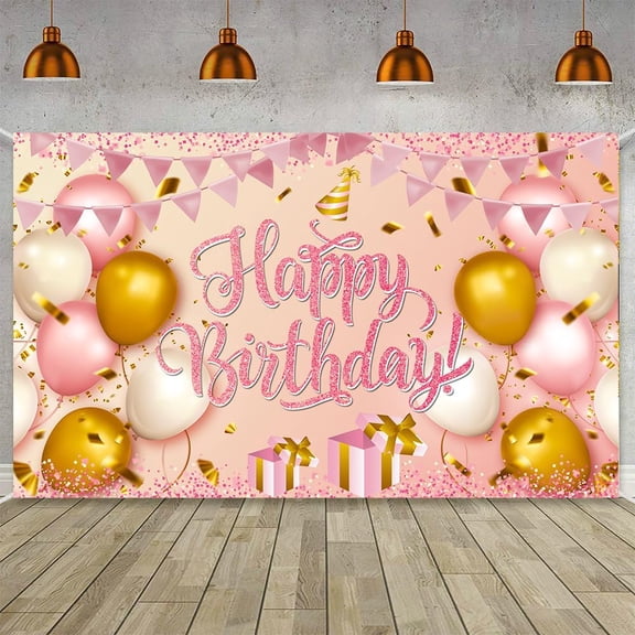 5.9x3.6Ft Happy Birthday Backdrops Rose Gold Birthday Background Glitter Balloon Flag Birthday Party Decorations Banner Supplies for Men Women