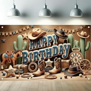 5.9x3.6Ft Western Cowboy Happy Birthday Banner Backdrop Rustic Wild West House Barn Photo Banner Party Decorations Boots Hat Cactus Horse Rope Photo Background Props