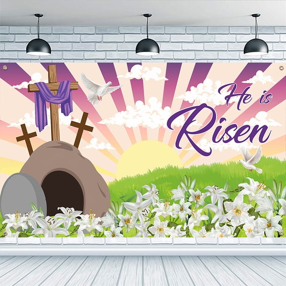 5.9x3.6ft Happy Easter Backdrop He is Risen Banner Dove Lilies Clouds Sun Grass Pattern Backdrop Colorful Polyester Banner Decoration