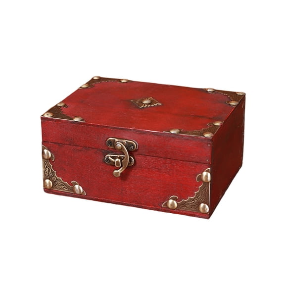 5.9x4.7x2.8 Inch Red Vintage Wooden Storage Box, Antique Treasure Chest Keepsake Box with Metal Lock, Rustic Jewelry Organizer for Shelf Dresser Home Decor