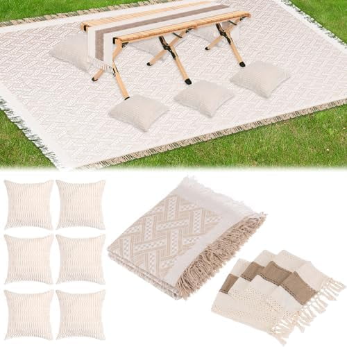 5.9x7.5ft Extra Large Outdoor Boho Picnic Blanket with White Table Runner & 6 Pillow Covers, Machine Washable Picnic Blankets Outdoor Blanket for Summer Picnic Camp Beach Wedding$$Garden &