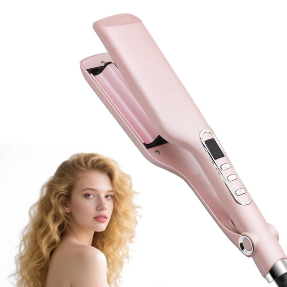 5 Adjustable Temperature Wave Curling Iron with LCD Display, Fast Heating 2-Barrel Hair Crimper Wand, Anti-Scalding Anti-Tangle Ceramic Hair Waver for Hairstyling (Pink)