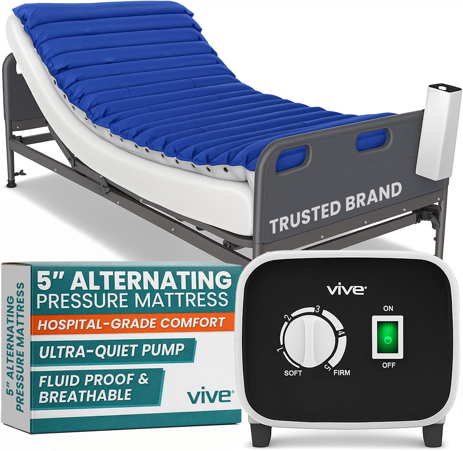 5" Alternating Pressure Mattress - Air Topper Pad for Bed Sore, Ulcer Prevention, Bedridden Treatment - Inflatable, Quiet Alternative Cover - Fits Hospital Bed - Includes Electric Pump System