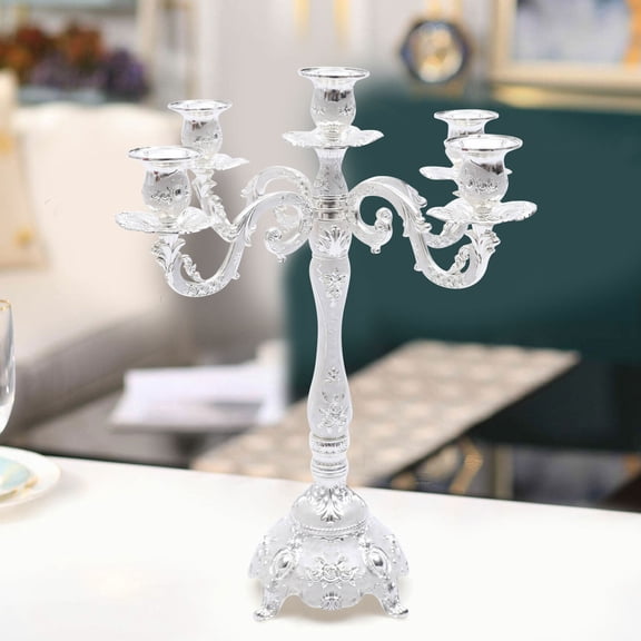 5-Arm Candle Holder, Silver Vintage European Elegant Five Headed Candle Holder, 3D Carving, Rust-Proof for Living Rooms, Dining Rooms, Hotels, Wedding Events and Parties