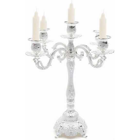5-Arm Candle Holder, Silver Vintage European Elegant Five Headed Candle Holder, 3D Carving, Rust-Proof for Living Rooms, Dining Rooms, Hotels, Wedding Events and Parties