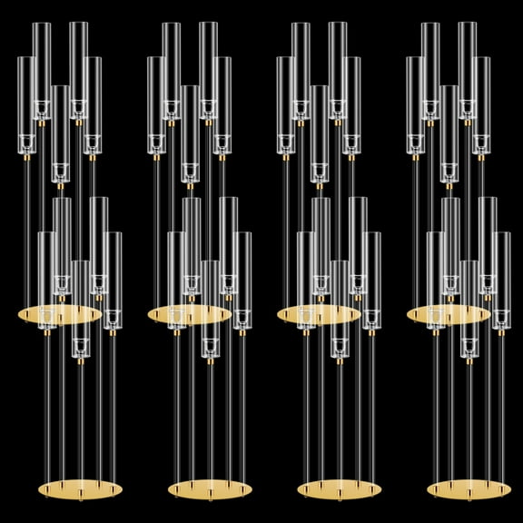 5-Arm Gold Candelabra Centerpiece 36", 8pc Acrylic Wedding Candle Holders with Removable Shades for Banquet Halls, Resort Event Decor