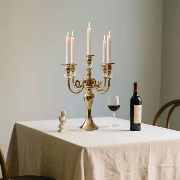 5-Arm Gold Crystal Candlestick Holder Elegant Table Centerpiece for Weddings, Holiday Decor, and Everyday Use