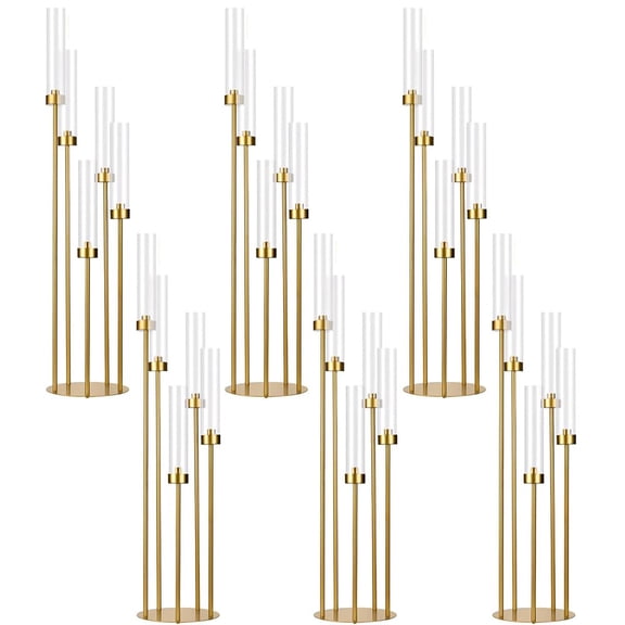 5 Arm Gold Floor Candelabra for Wedding Table Centerpiece, 39.4 Inch Tall Candle Holder with Acrylic Lampshades, Birthday Party Home Decor, Fits LED Taper Candles, Gold