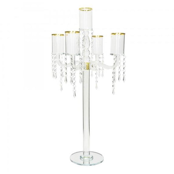 5 Arm Gold Rimmed Crystal Candelabra 30" - Gold