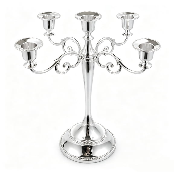 5-Arm Silver Candelabra Candle Holder, 10.24-Inch Decorative Taper Candle Stand with Stable Base for Weddings, Dining Tables, Parties and Home Décor