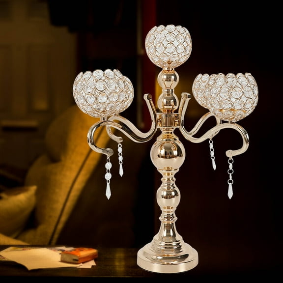 5 Arms Crystal Candelabra Gold Candle Holder Metal Wedding Centerpiece Tabletop Decor