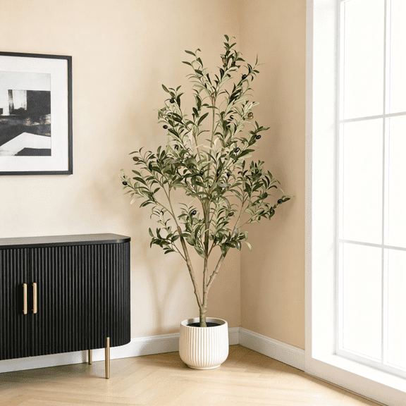 5' Artificial Olive Tree in Black Plastic Pot, Lifelike Faux Potted Silk Tree for Indoor Home Decor