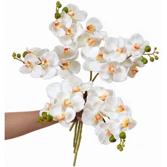5 Artificial Orchid Flowers 18 Inches Real Touch Faux Phalaenopsis Orchid Flowers Stems Arrangements for Wedding Bridal Bouquets and Home Office Indoor Decorations (White)