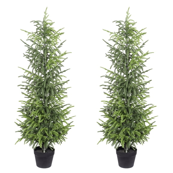 5' Artificial Real-Touch Pine Tree Set of 2, Faux Greenery in Black Plastic Pots, Indoor Outdoor Modern Decor, Green Leaves