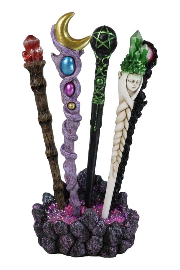 5 Assorted Wizard Magic Wands With Faux Geode Crystals Rock Holder Stand Set