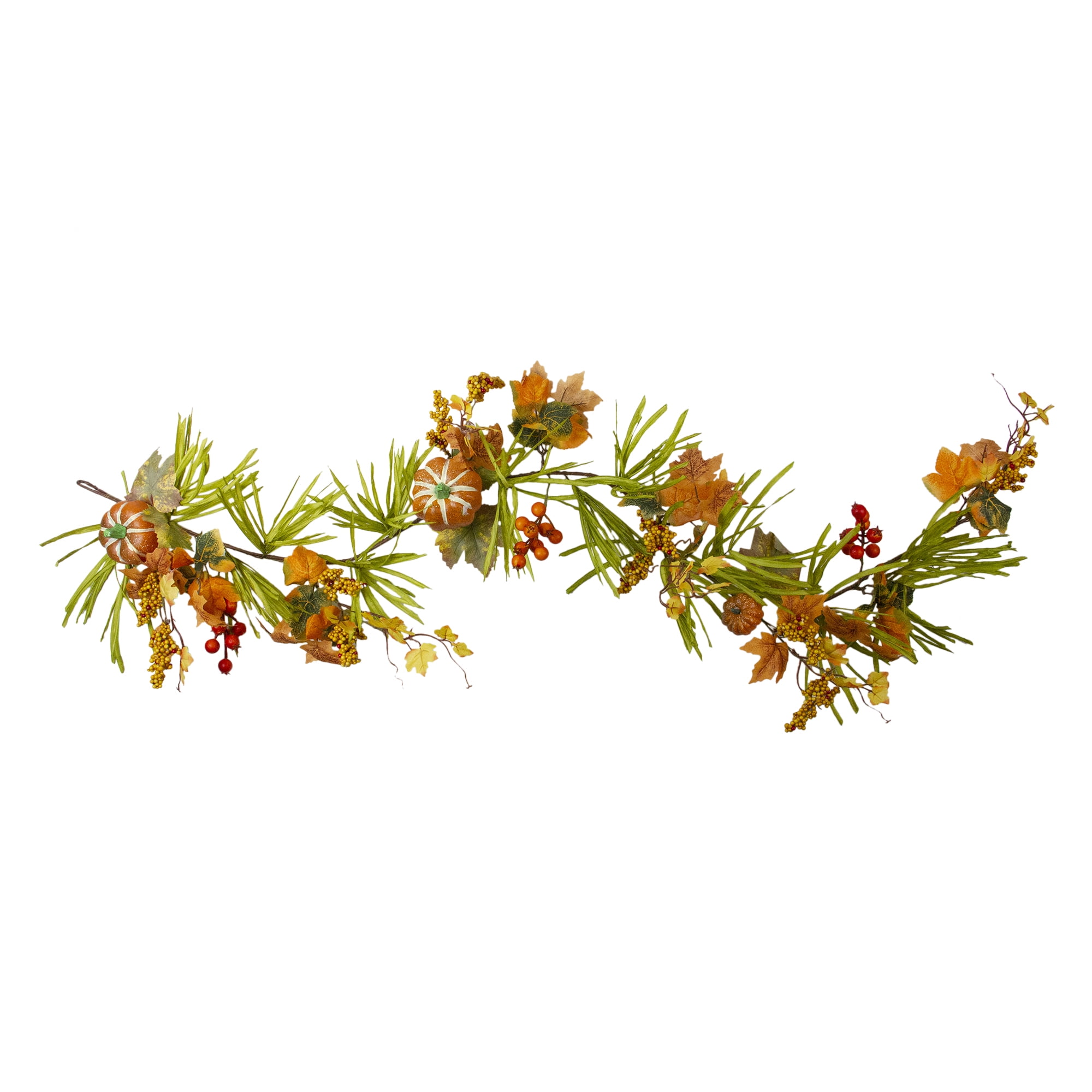 5' Autumn Harvest Decorative Artificial Pumpkins Berries Leaves and Grass Garland - Unlit
