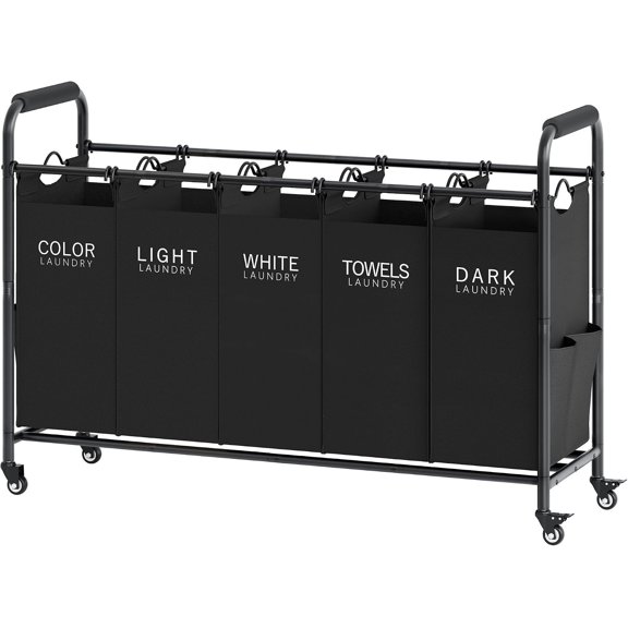 5 Bag Laundry Sorter, 5 Section Laundry Hamper with Wheels, Black | 65 Gal Rolling Clothes Hamper with Removable Bags & Metal Handle, Divided Laundry Basket Organizer for Laundry Room, Bedroom