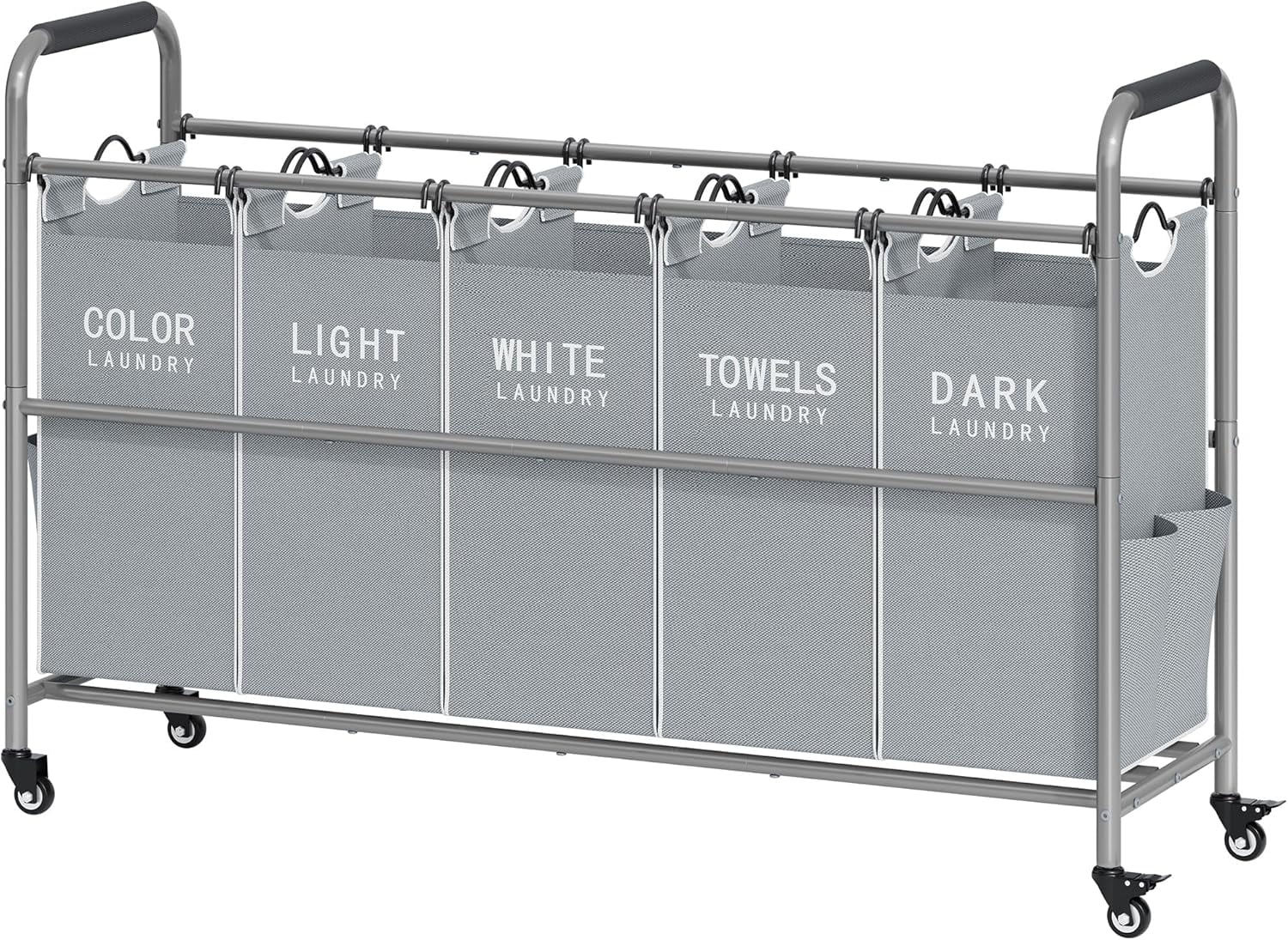 5 Bag Laundry Sorter Cart, Laundry Hamper Sorter Basket with Heavy Duty Lockable Rolling Wheels for Clothes Storage, Grey & White