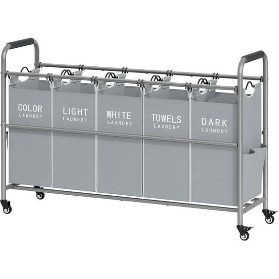 5 Bag Laundry Sorter Cart, Laundry Hamper Sorter Basket with Heavy Duty Lockable Rolling Wheels for Clothes Storage, Grey & White