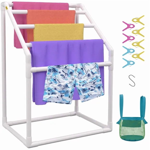 5 Bar White Freestanding Outdoor PVC Pool Towel Rack with 8 Towel Clips Mesh Bag Hook for Beach Swimming Pool Storage Organizer
