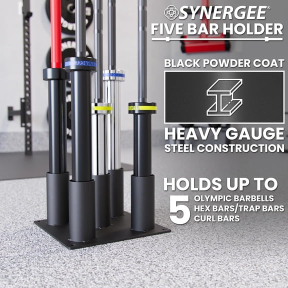5 Barbell Holder Storage & Organization for Home, Commercial, & Garage Gyms. Holds 5 Bars,  Curls, Hex Bars. Compact Vertical Peg Storage.