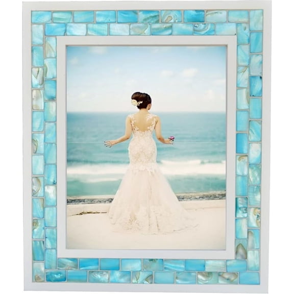 5 Beach Picture Frame 8x10,Mosaic Picture Frame Mother of Pearl,Turquoise Tabletop or Wall Hanging Photo Frame(8x10 inch, Blue,1pc)