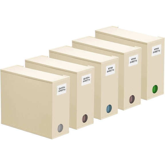 5 Bed Sheet Organizers and Storage, Foldable Sheet Organizer for Linen Closet, Sheets Set Folder Keeper with Window XL ( & Size) Organizing Bedding Container, Beige