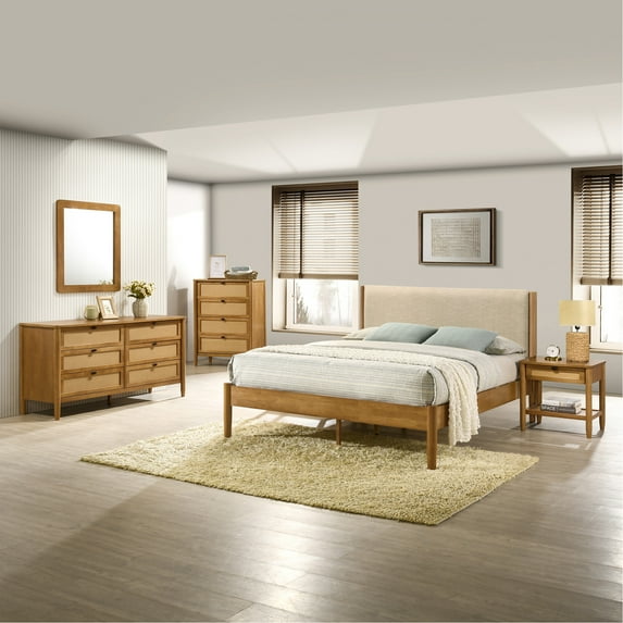 5 Bedroom Collection - Queen Platform Bed Soft Corduroy Upholstery Stylish Dresser, Mirror, Nightstand, Chest Walnut Color No Box Spring Required Finish Solid Rubberwood